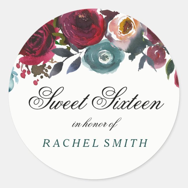 Boho Bordo Burgundy Red Flowers Sweet 16 Classic Round Sticker (Front)