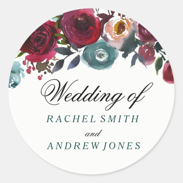 Boho Bordo Burgundy Red Flowers Wedding Classic Round Sticker (Front)