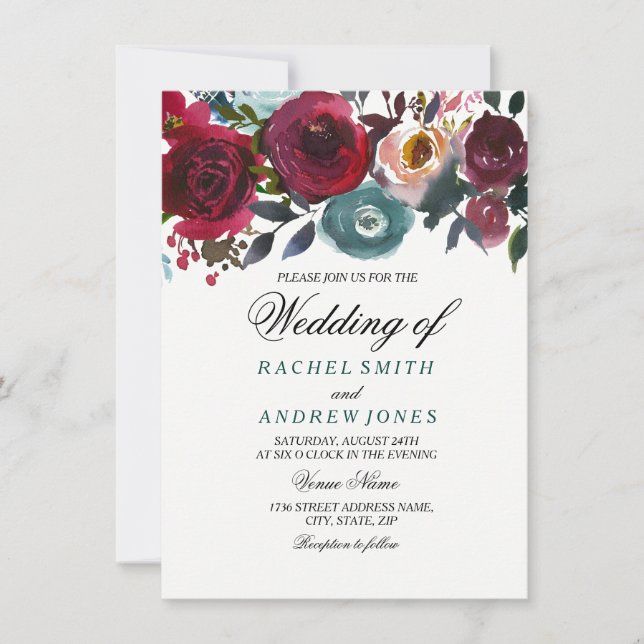 Boho Bordo Burgundy Red Flowers Wedding Invitation (Front)