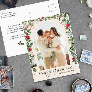 Boho Botanical Arch Merry Christmas Photo Holiday Postcard