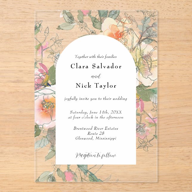 Boho Botanical Artist Sketch Garden Wedding Acrylic Invitations (Front)