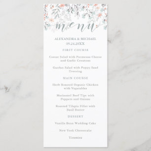 Boho Botanical Coral and Grey Wedding Menu