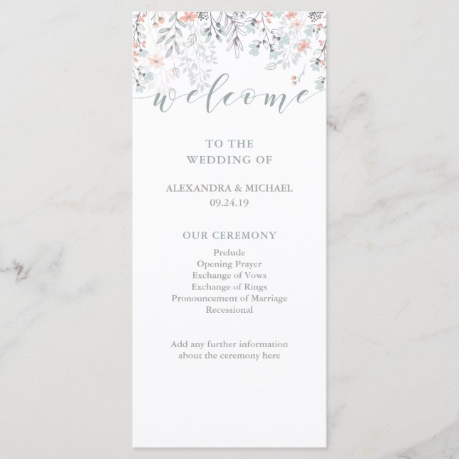 Boho Botanical Coral and Grey Wedding Program (Front)