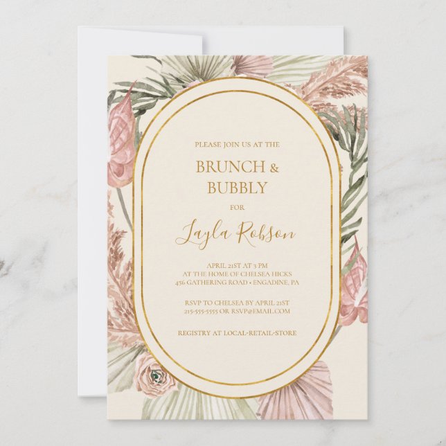 Boho Botanical Dusty Rose Brunch and Bubbly Shower Invitation (Front)