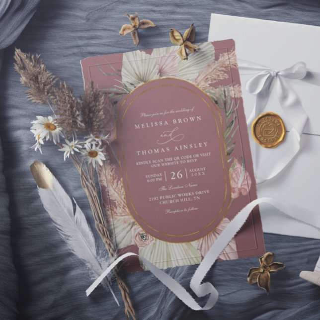 Boho Botanical Dusty Rose QR Code Wedding Invitation (Creator Uploaded)
