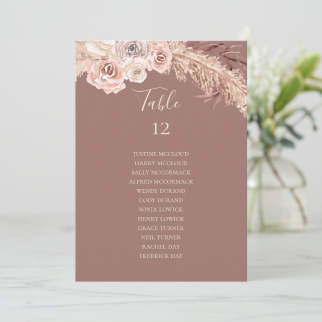 Boho Botanical Dusty Rose Table Number Chart (Standing Front)