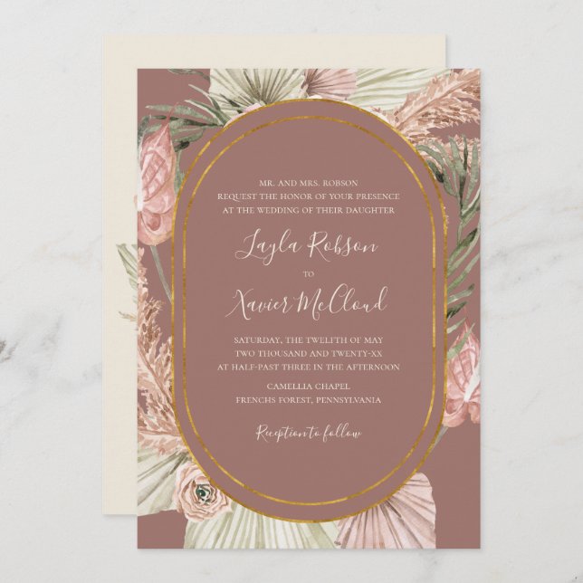 Boho Botanical | Dusty Rose Traditional Wedding Invitation (Front/Back)