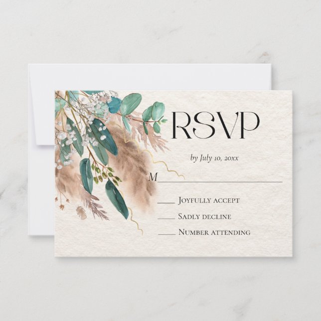 Boho Botanical Eucalyptus Greenery Pampas Grass RSVP Card (Front)