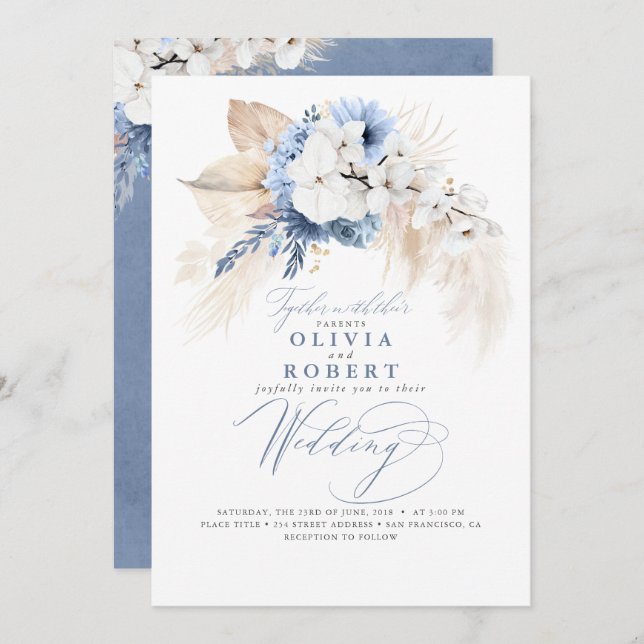 Boho Botanical Floral Modern Dusty Blue Wedding Invitation (Front/Back)