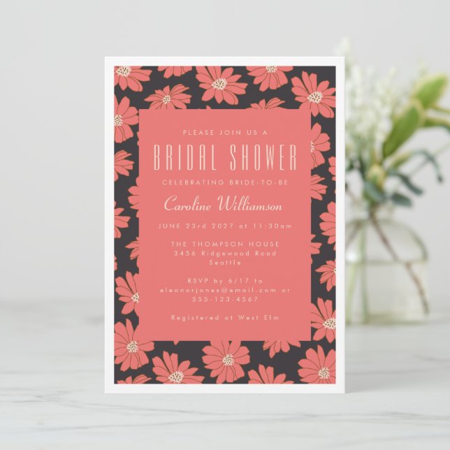 Boho Botanical Flowers Black Red Bridal Shower Invitation (Standing Front)