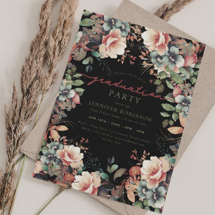 Boho Botanical Garden Floral Graduation Black Invitation