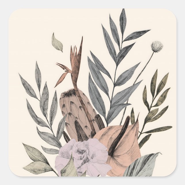 Boho Botanical Garden -  Floral Illustration Square Sticker (Front)