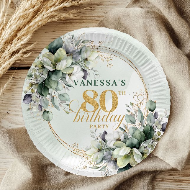 Boho Botanical Green White 80th Birthday Plates (Boho Botanical Green White 80th Birthday Plates)