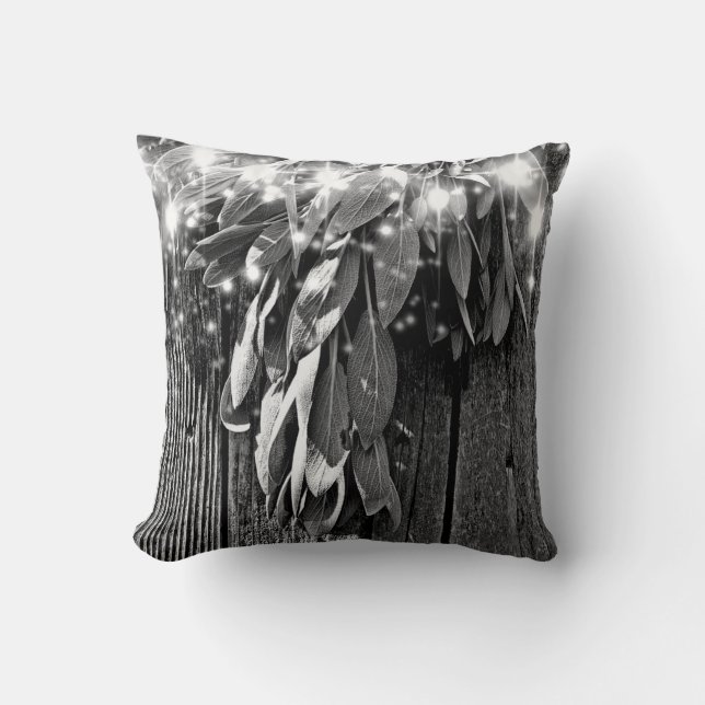 Boho botanical herb leaves Barnwood Twinkle Lights Cushion (Front)