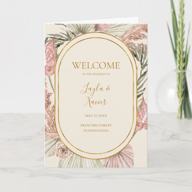 Boho Botanical Ivory and Green Folded Wedding Program (Front)
