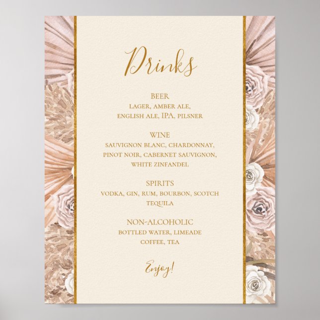 Boho Botanical | Ivory Wedding Drinks Menu Sign (Front)