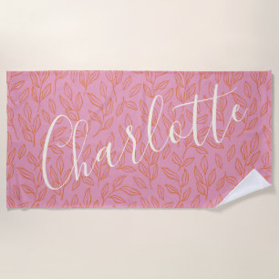 Boho Botanical Leaf Pattern in Pink Personalised  Beach Towel