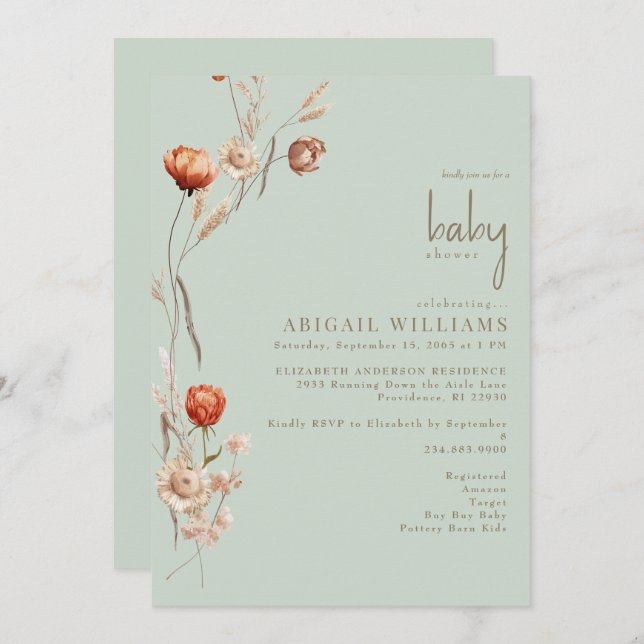 Boho Botanical Light Sage Baby Shower  Invitation (Front/Back)