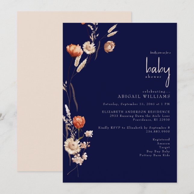 Boho Botanical Navy Baby Shower  Invitation (Front/Back)