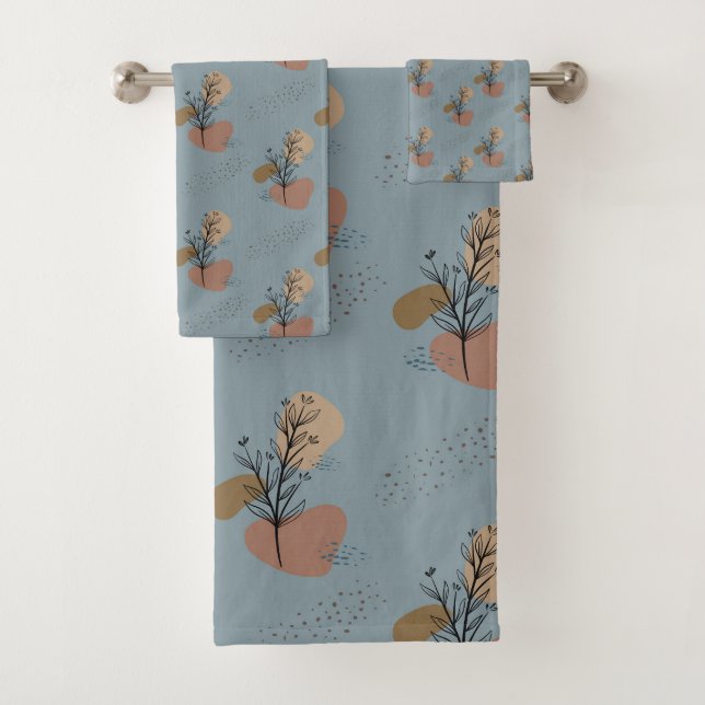 Boho Botanical Pattern Mocha Mousse and Accents Bath Towel Set (Insitu)