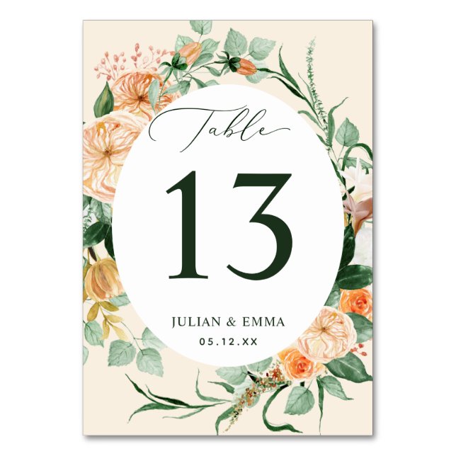 Boho Botanical Peach Greenery Floral Personalised Table Number (Front)
