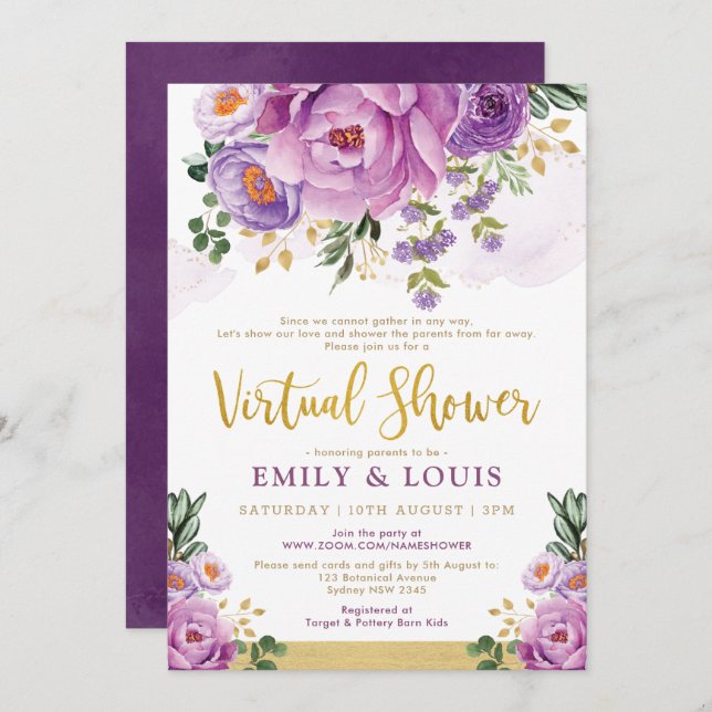Boho Botanical Purple Floral Virtual Baby Shower Invitation (Front/Back)