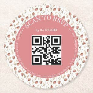 boho botanical rsvp qr code wedding stylish round paper coaster
