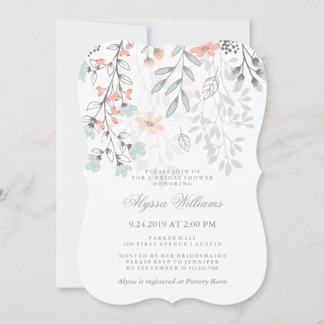 Boho Botanical Rustic Bridal Shower Coral and Grey Invitation (Front)