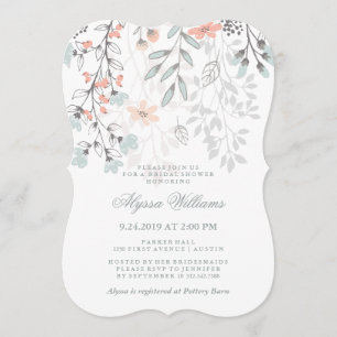 Boho Botanical Rustic Bridal Shower Coral and Grey Invitation