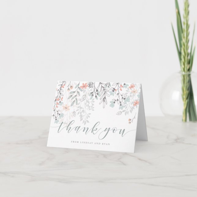 Boho Botanical Rustic Coral and Grey | Thank You Card (Front)