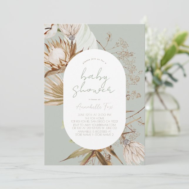 Boho Botanical Sage Baby Shower Invitation (Standing Front)