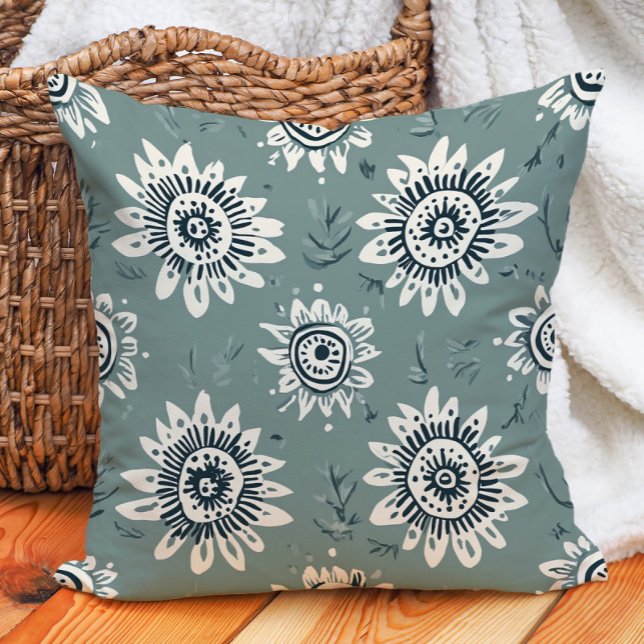 Boho Botanical Sage Green Cream Geometric Floral  Cushion (Boho Botanical Sage Green Cream Geometric Floral Throw Pillow)
