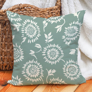 Boho Botanical Sage Green Cream Sunflowers Cushion