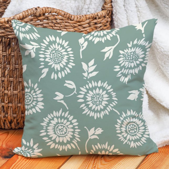 Boho Botanical Sage Green Cream Sunflowers Cushion (Boho Botanical Sage Green Cream Sunflowers Throw Pillow)