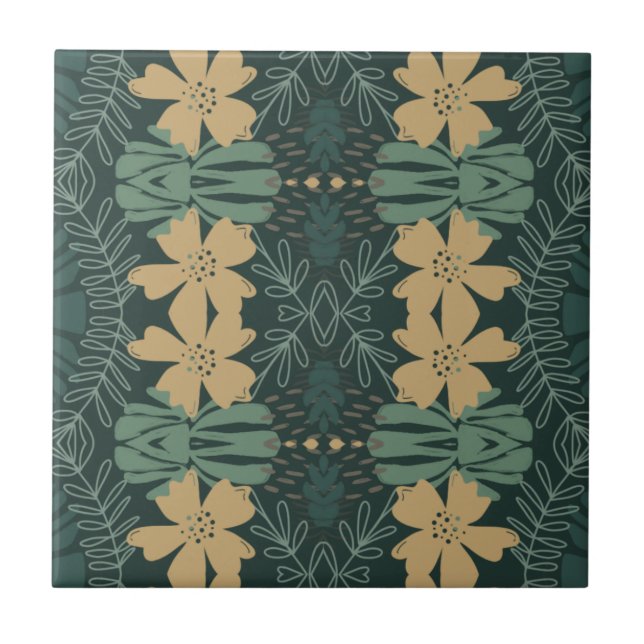 Boho Botanical Sage Green Yellow Pattern Ceramic Tile (Front)