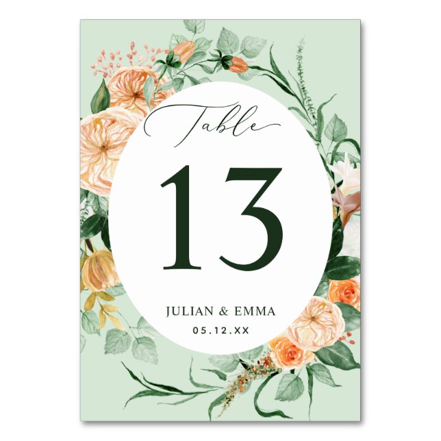 Boho Botanical Sage Greenery Floral Personalised Table Number (Front)