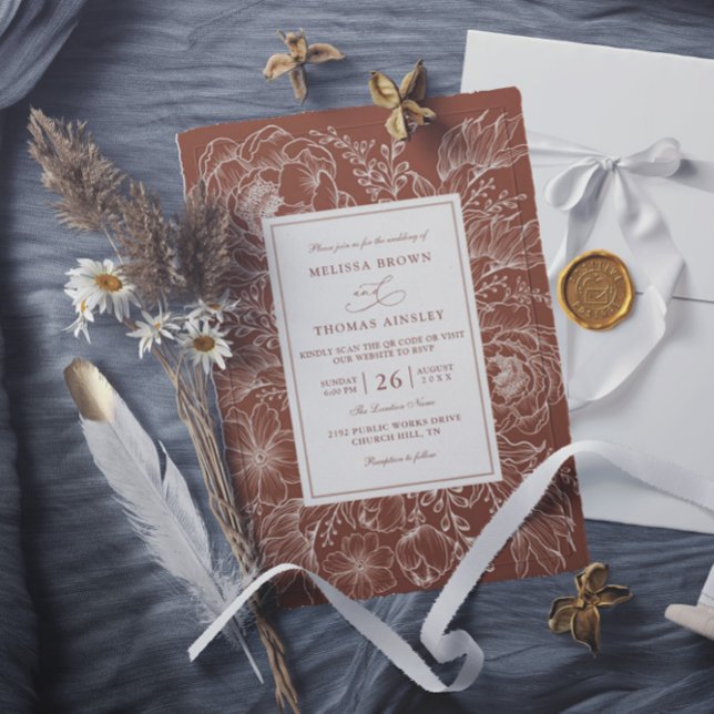 Boho Botanical Terracotta Budget QR Code Wedding Invitation (Creator Uploaded)