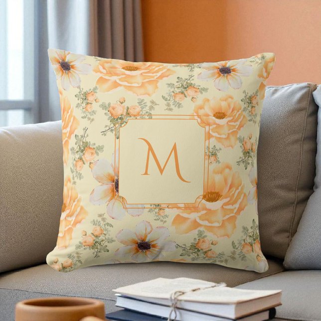 Boho Botanical Watercolor Cream Orange Floral  Cushion (Creator Uploaded)
