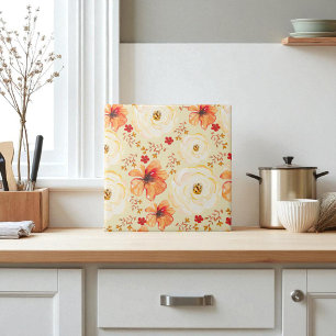 Boho Botanical Watercolor Orange Cream Floral  Ceramic Tile