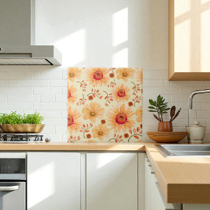 Boho Botanical Watercolor Orange Cream Floral Ceramic Tile