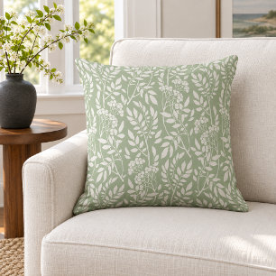 Boho Botanical White Foliage Sage Green Cushion