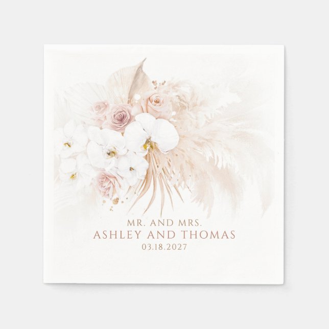 Boho Botanical White Orchids Pampas Grass Wedding Napkin (Front)