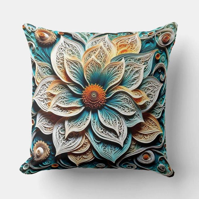 Boho Botanical Zentangle Floral Throw Pillow  (Front)