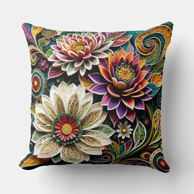 Boho Botanical Zentangle Floral Throw Pillow  (Front)