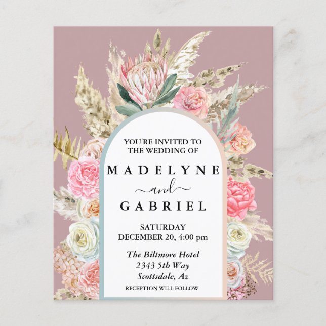  Boho Bouquet Pampas Grass Arch Budget  Invitation (Front)
