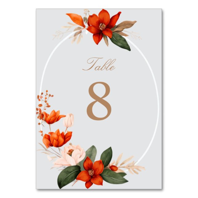 Boho bouquet with fiery flowers table number (Front)