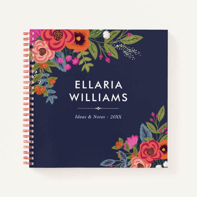 Boho Bouquets - Navy Blue & Coral - Name Notebook (Front)