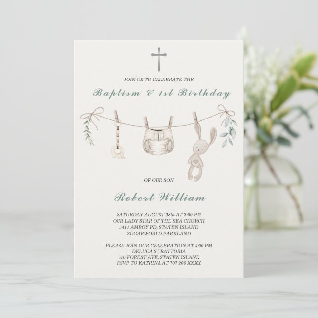 Boho Boy First Birthday and Baptism Invitation (Standing Front)