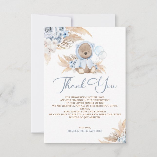 Boho Boy Teddy Bear Thank You Message Card (Front)