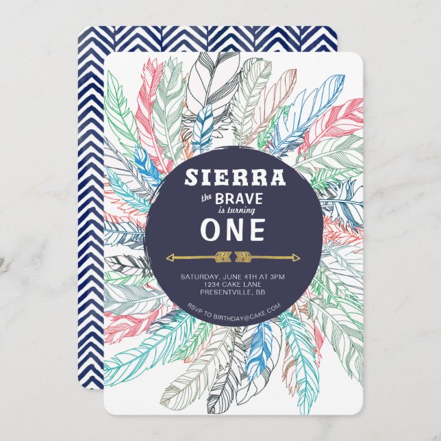 Boho Brave Feather Birthday Invitation (Front/Back)